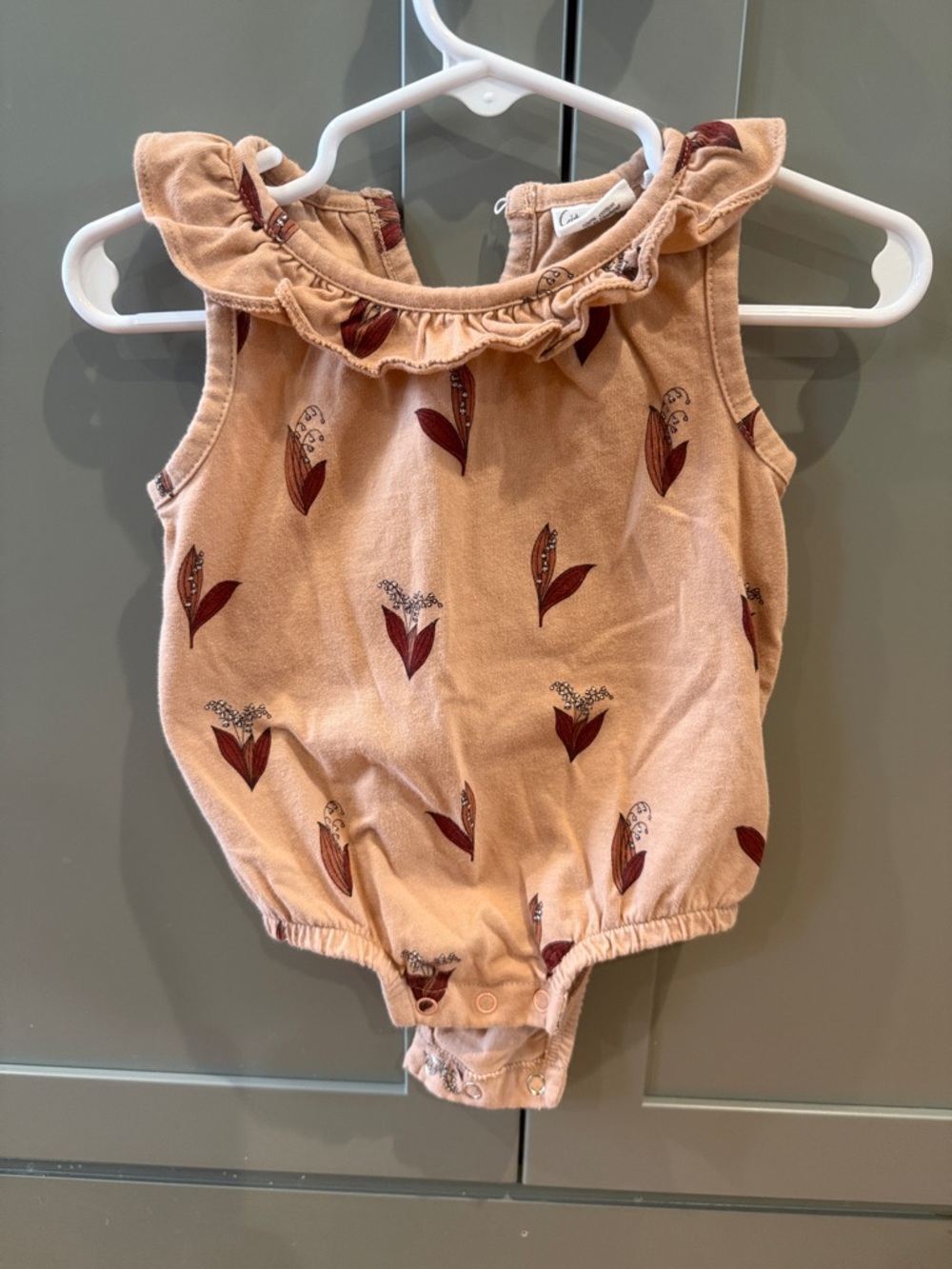 Sleeveless Peach Floral Baby Romper with Ruffle Collar